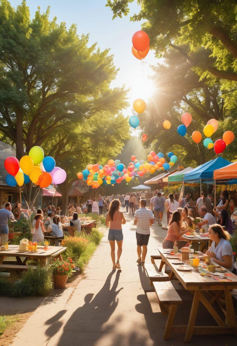 A vibrant outdoor community event scene filled with diverse people laughing, dancing, and sharing joyful moments, surrounded by colorful decorations and nature. Sunshine spills over a picnic area with tables of delicious food, balloons sway in the gentle breeze, and children play nearby, capturing the essence of happiness in everyday life. super-realistic. vibrant colors. sunny atmosphere.