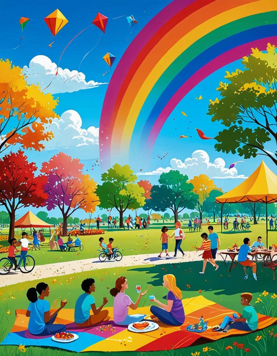A bright, whimsical landscape featuring a sun-drenched park filled with diverse families enjoying picnics, children flying kites, and couples laughing together. The background showcases a rainbow arching across a clear blue sky, symbolizing joy and happiness. Emphasize vibrant colors and a sense of warmth in the scene. cartoon style. vibrant colors.