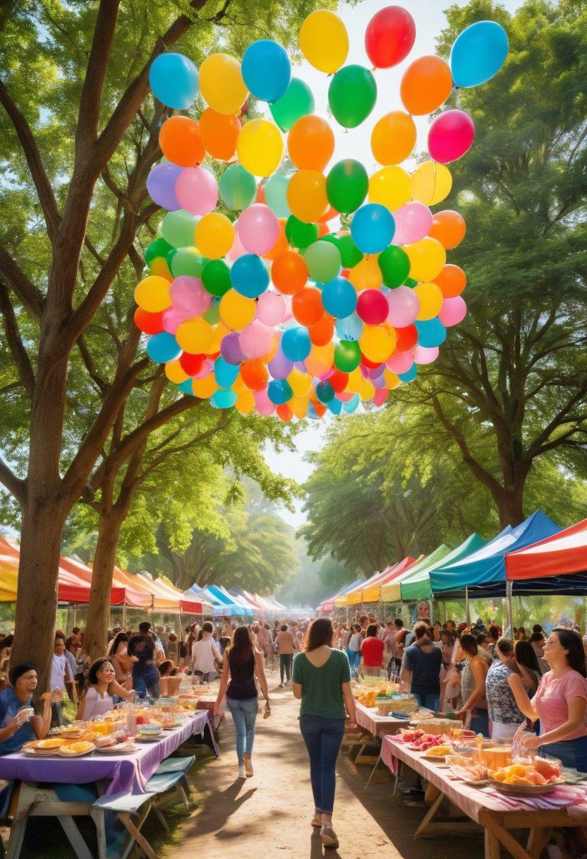 A joyful community gathering in a sunlit park, featuring diverse individuals sharing laughter and engaging in various celebrations like music, dance, and playful activities. Colorful banners and balloons fill the scene, while soft sunlight filters through trees, creating a warm and inviting atmosphere. Include elements like food stalls and children playing, enhancing the sense of connection and happiness. vibrant colors. super-realistic. cheerful ambiance.